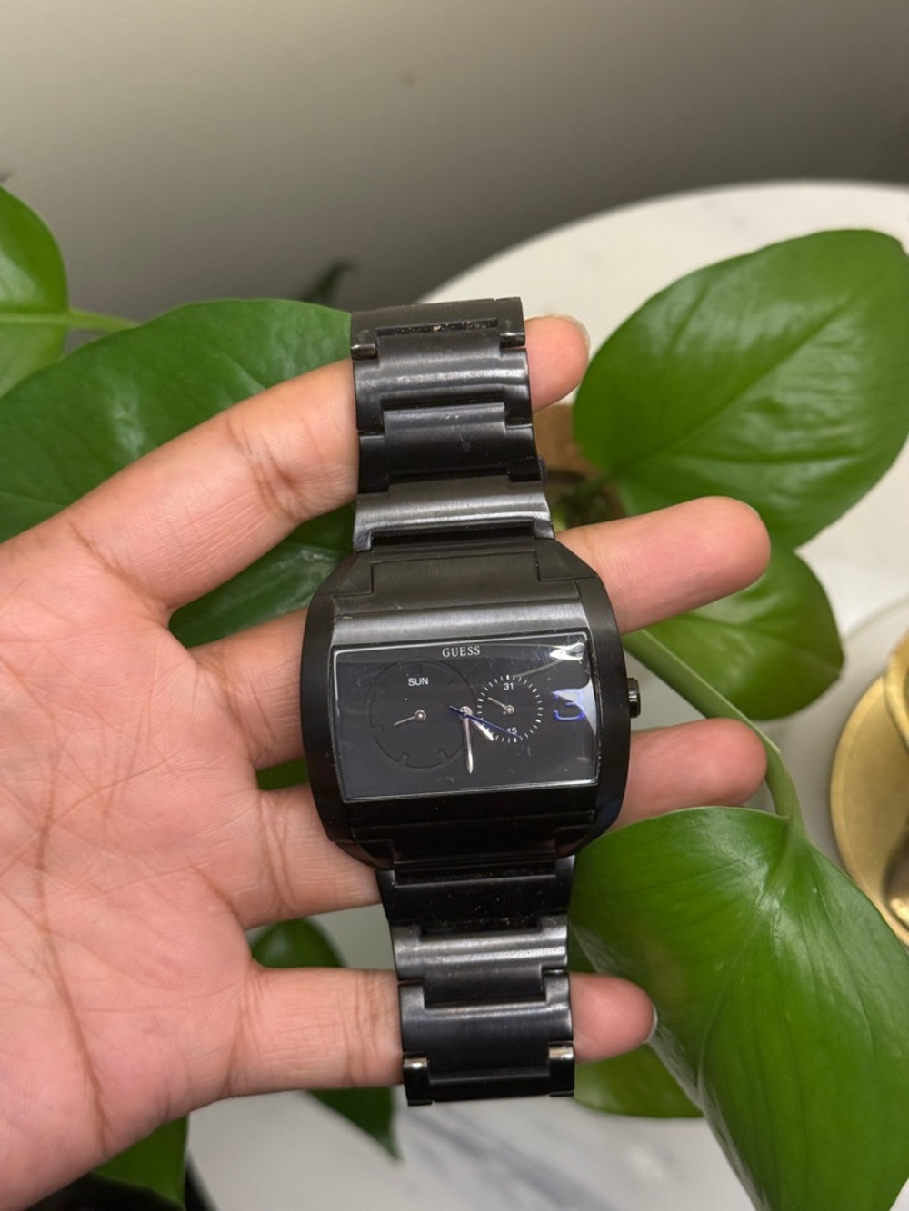 GUESS Black Ion-Plated Stainless Steel Multi Function Watch Mens big dial